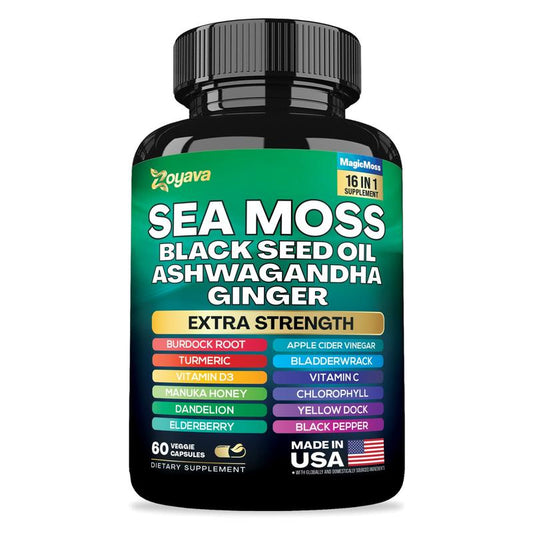 Zoyava Sea Moss Supplement - All-In-One Multivitamin with Black Seed Oil, Ashwagandha & 15+ Extra Strength Ingredients - 60 Capsules - MADE in USA