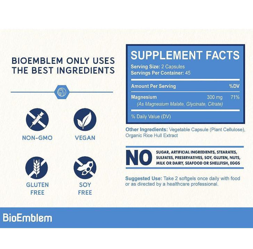 【Bioemblem】Triple Magnesium Complex, 300Mg of Magnesium Glycinate, Malate, & Citrate for Sleep, Muscles, Nerves Dietary Healthcare